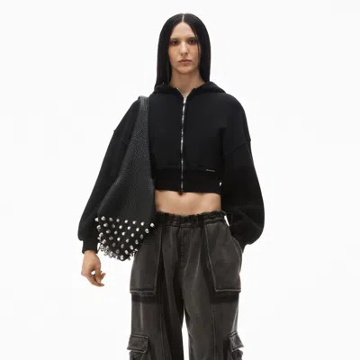 Alexander Wang Cropped Zip Up Cotton Hoodie In Black