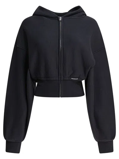Alexander Wang Cropped Zip Up Hoodie With Branded Seam Label In Blue