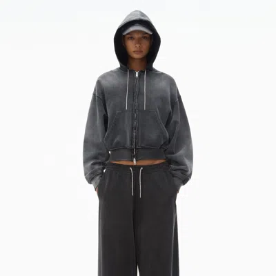 ALEXANDER WANG CROPPED ZIP-UP HOODIE WITH CRYSTAL HOTFIX DRAWCORD