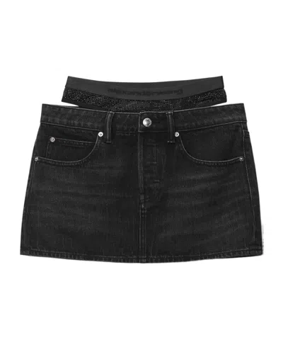 Alexander Wang Crystal Denim Mini Skirt In Black