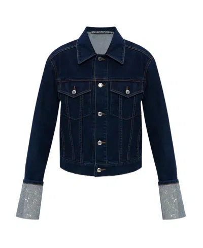 Alexander Wang Crystal-embellished Cropped Denim Jacket In Blue