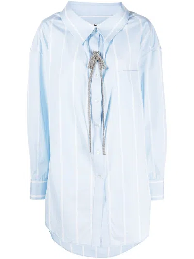 Alexander Wang Off-shoulder Shirt Dress In Cotton Poplin In Oxford Blue/white