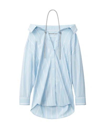 Alexander Wang Crystal-embellished Striped Cotton Shirt In Blue