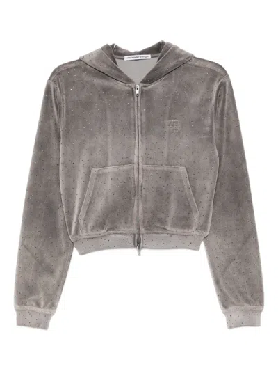 Alexander Wang Crystal-embellished Zipped Hoodie In Gray