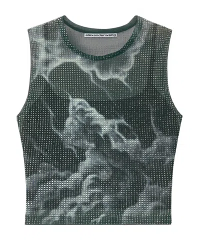 Alexander Wang Crystal Hot Drilling Cloud Printed Vest In Green