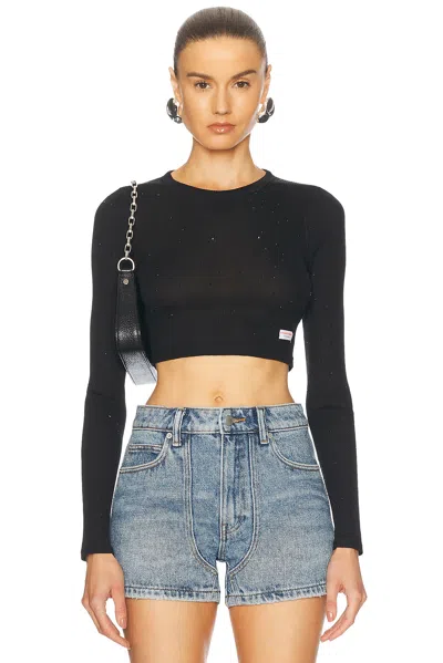Alexander Wang Crystal Hotfix Cropped Long Sleeve Top In Black