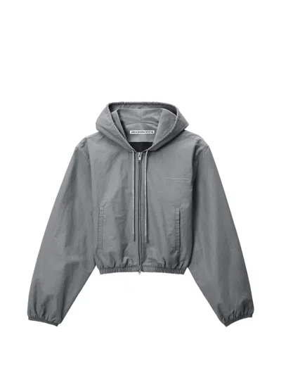 Alexander Wang Crystal Hotfix Drawcord Shrunken Hoodie Jacket In Gray