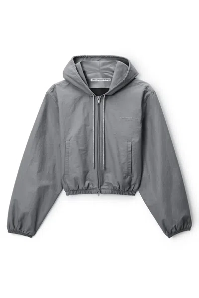 Alexander Wang Crystal Hotfix Drawcord Shrunken Hoodie Jacket Steel Grey In Gray