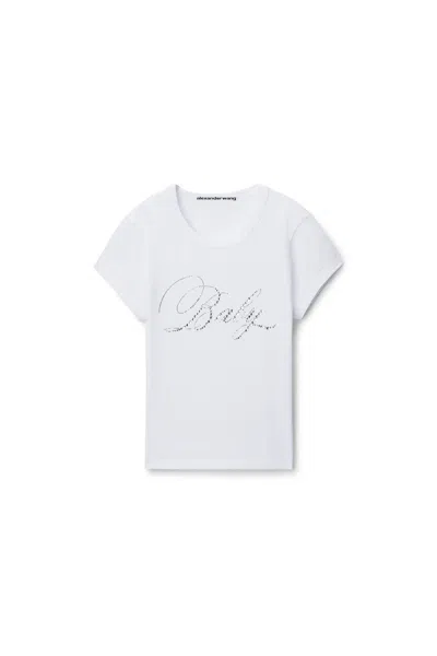 Alexander Wang Crystal Hotfix Graphic Fitted Short Sleeve Tee In White