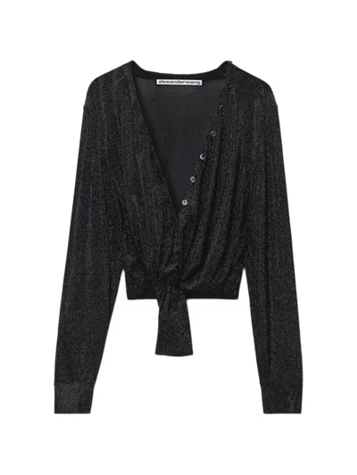 Alexander Wang Crystal Hotfix Knotted Deep V-neck Cardigan In Black
