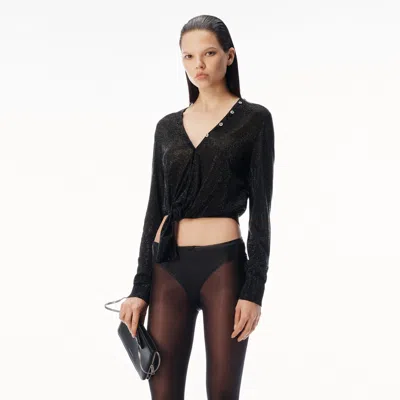 Alexander Wang Crystal Hotfix Knotted Deep V-neck Cardigan In Black