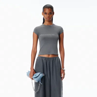 Alexander Wang Crystal Hotfix Logo Cotton Baby Tee In Gray