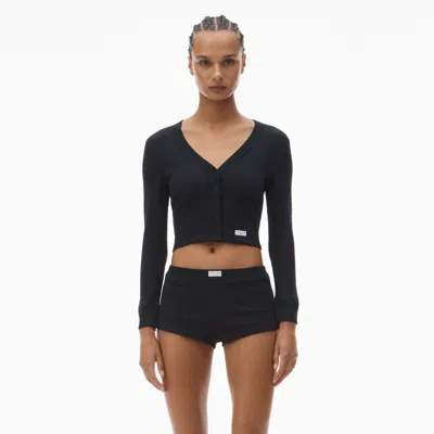 Alexander Wang Crystal Hotfix Long-sleeve Cardigan In Waffle Knit In Black