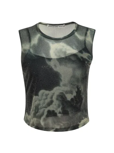 Alexander Wang Crystal Hotfix Organza Jersey Tank Top Cloud-print