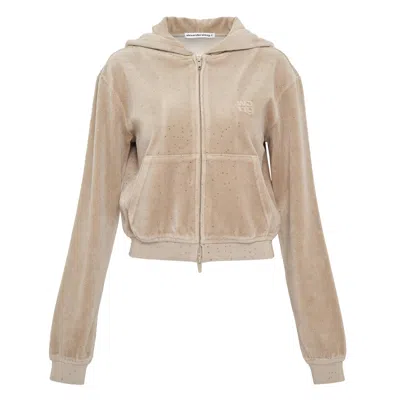 Alexander Wang Crystal Hotfix Velour Shrunken Hoodie In Brown