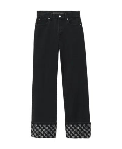 Alexander Wang Crystal-logo Wide-leg Cotton Jeans In Black