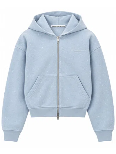 Alexander Wang Crystal Logo Zip-up Hooded Sweatshirt In Blue