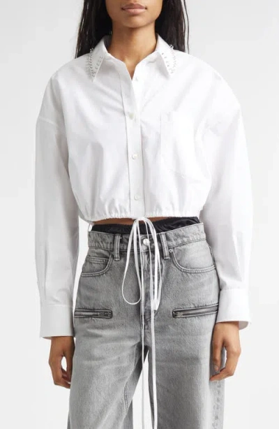 Alexander Wang Crystal Stud Crop Drawstring Waist Cotton Button-up Shirt In White
