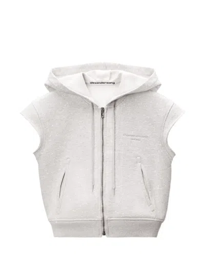 Alexander Wang Crystal-embellished Cap-sleeve Hoodie In Gray