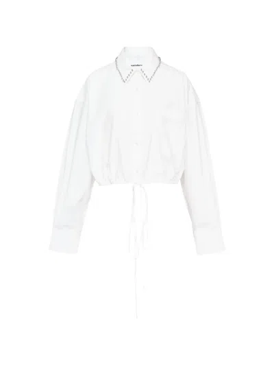 Alexander Wang Crystal Stud Crop Drawstring Waist Cotton Button-up Shirt In White