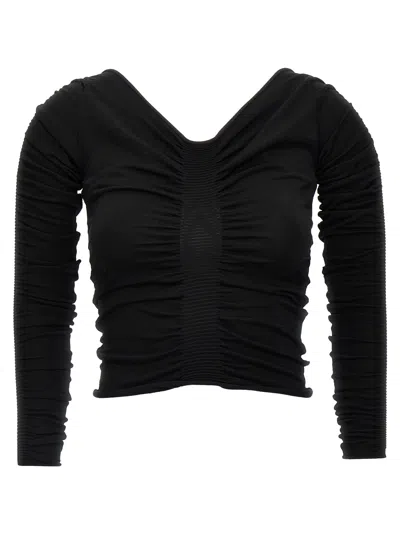 Alexander Wang Ruched V-neck Knit Sweater In Black