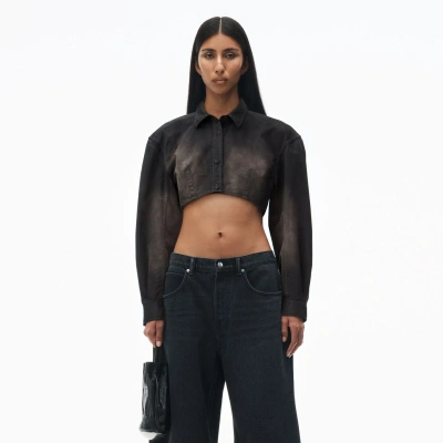 Alexander Wang Curved Cropped Shirt In Peached Cotton In Washed Black Pearl