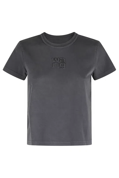 Alexander Wang Dark Gray Shrunken Embossed Glitter Logo Cotton T-shirt