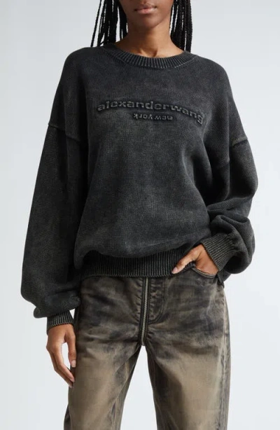 Alexander Wang Debossed Logo Oversize Crewneck Sweater In Black