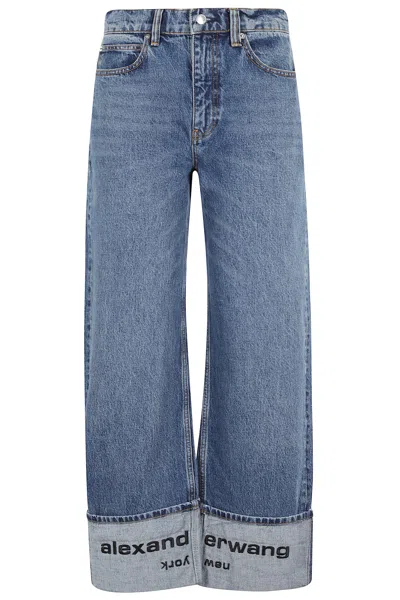 Alexander Wang Mid Rise Straight Jean With Embroidered Cuff In Blue