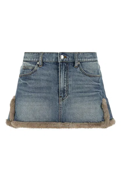 Alexander Wang Denim Skirt With Fur Hem In Blue