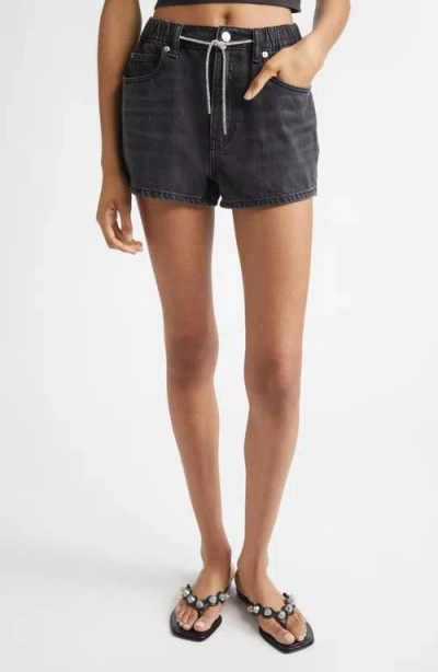 Alexander Wang Denim X  Marathon Crystal Drawstring Denim Shorts In Gray