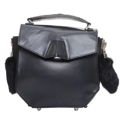 Pre-owned Alexander Wang Devere Black Rabbit Fur Trim Geometric Structural Bag
