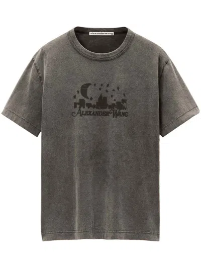 Pre-owned Alexander Wang Distressed Skyline Logo Graphic Tee Shirt In Washed Charcoal