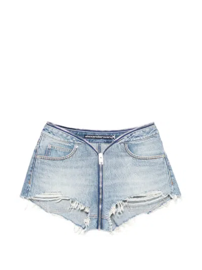 Alexander Wang Distressed Zip Denim Shorts In Blue