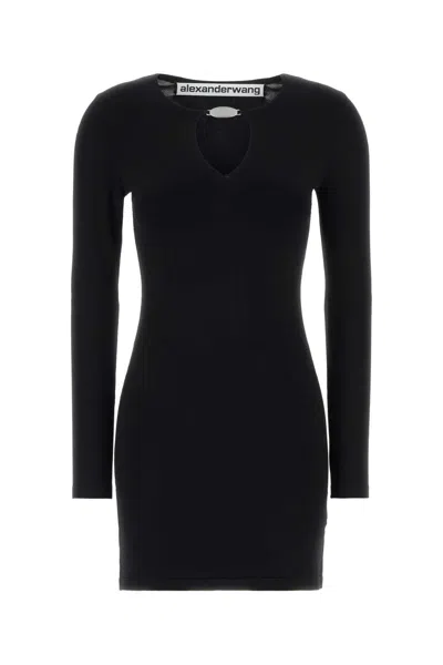 Alexander Wang Ls V-neck Mini Dress With Crystal Necklace In Black
