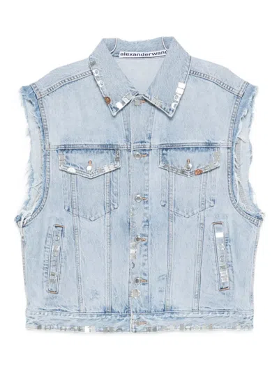 Alexander Wang Embellished Sleeveless Denim Jacket In Blue