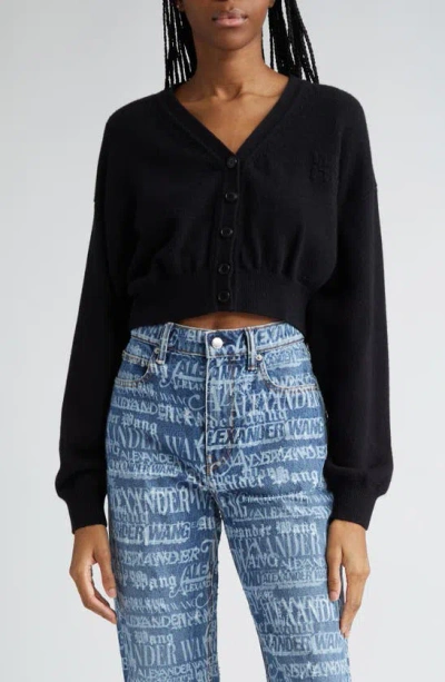 Alexander Wang Embossed Logo Crop Cotton & Wool Cardigan In Black