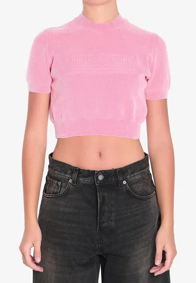 Alexander Wang Embossed Logo Cropped Knit T-shirt In Pink