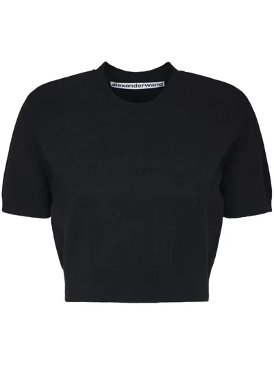 Alexander Wang Embossed Logo Ribbed Short Sleeve Tee In Black