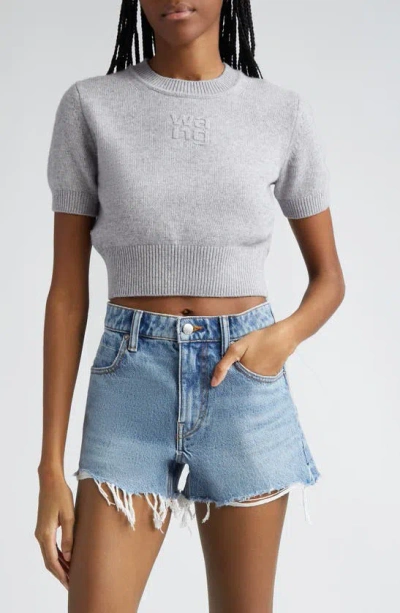 Alexander Wang Embossed Logo Short Sleeve Crop Cotton & Wool Sweater In Heather Grey