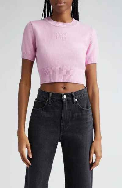 Alexander Wang Embossed Logo Short Sleeve Crop Cotton & Wool Sweater In Light Pink