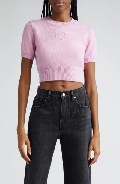 Alexander Wang Embossed Logo Short Sleeve Crop Cotton & Wool Jumper In Light Pink