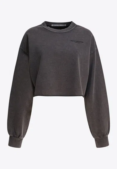 Alexander Wang Embroidered Logo Faded Cropped Sweatshirt In Black