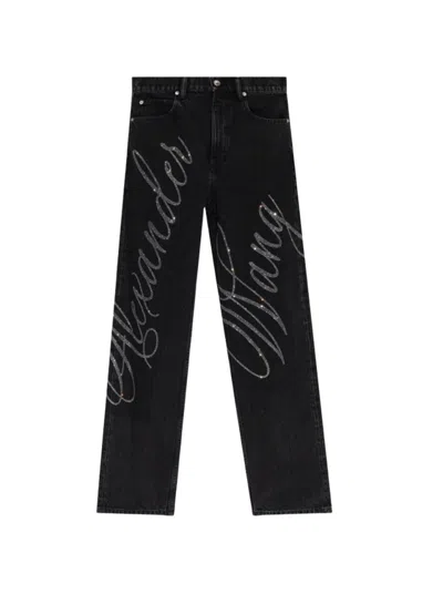 Alexander Wang Ez Mid Rise Jean In Crystal Hotfix Logo Grey Aged