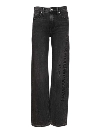 Alexander Wang Ez Mid Rise Jean With Mesh Logo Cut Out Jeans Grey In Black