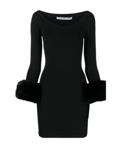 Alexander Wang Faux-fur Cuffs Short Dress In Black