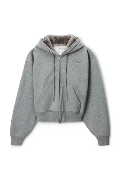 Alexander Wang Faux Fur Hood Zip-up Hoodie Alloy Melange In Gray