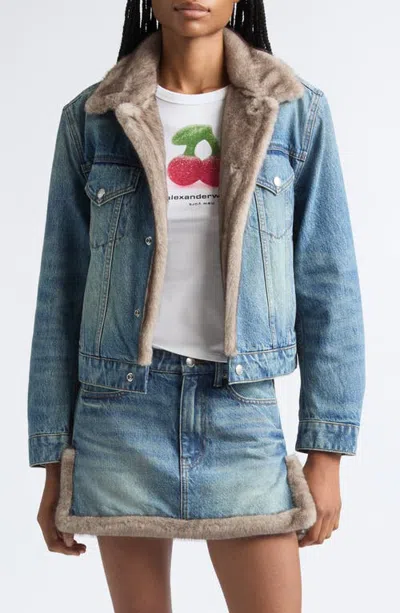 Alexander Wang Faux Fur Trim Denim Jacket In Tinted Medium Indigo