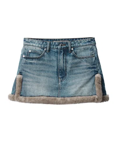 Alexander Wang Faux Fur Trim Denim Skirt In Blue