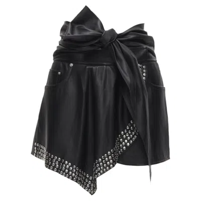 Alexander Wang Faux Leather Silver Studded Draped Wrap Tie Shorts In Black